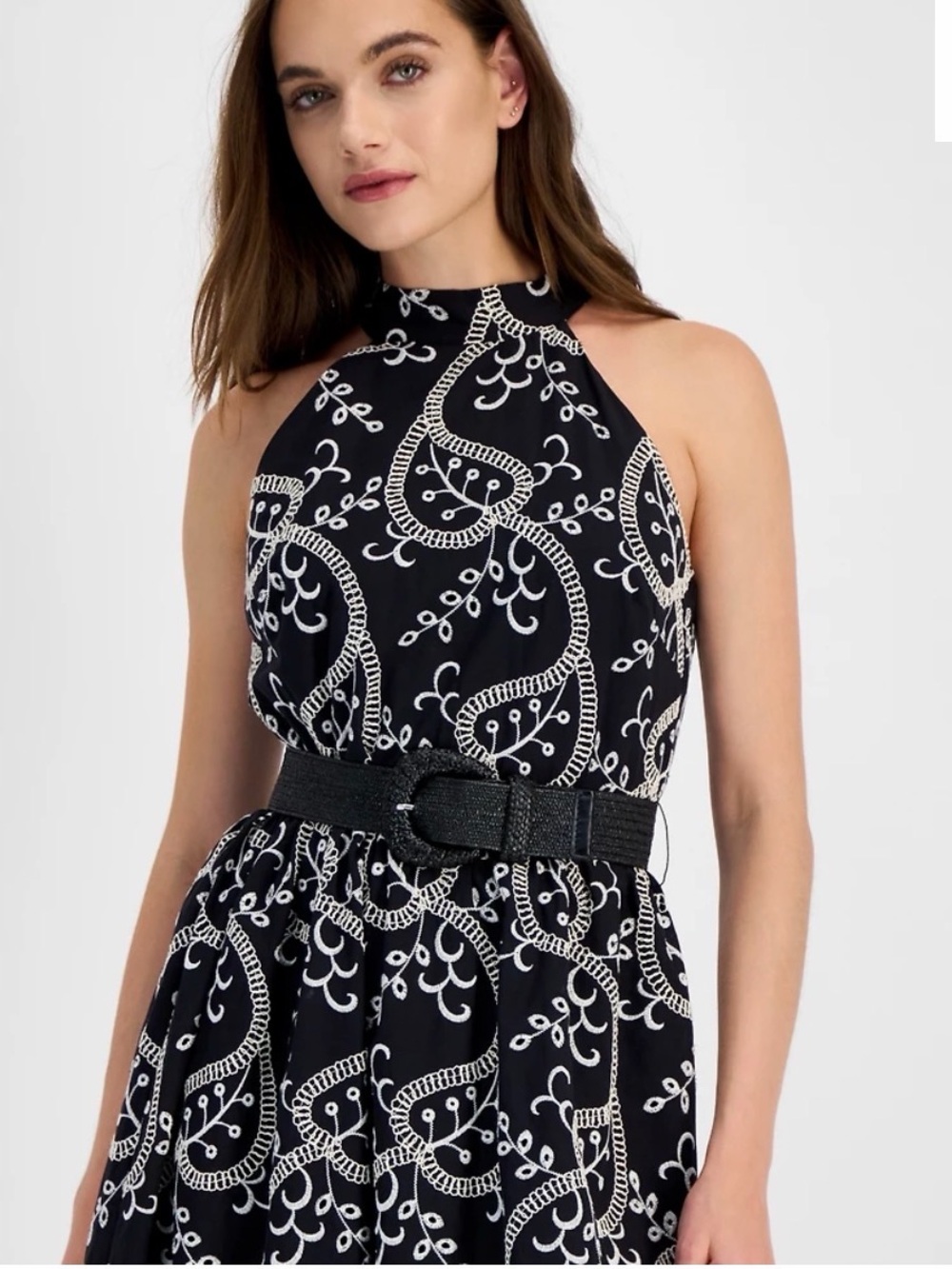 NWT Anne Klein Embroidered Halter Maxi Dress Belted Black Ivory Size 16 - Picture 5 of 11